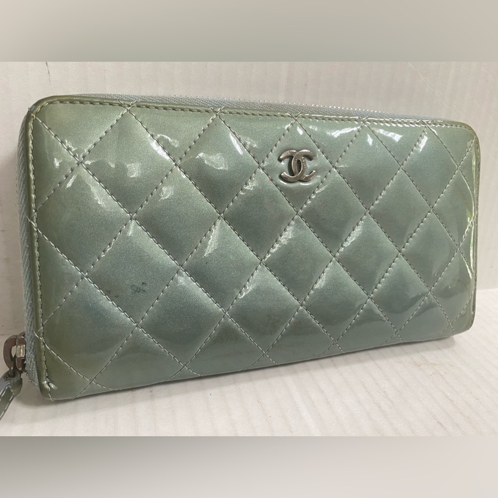 Authentic CHANEL Matelasse Patent Leather Quilted Zip Around Long Wallet